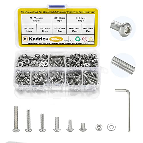 Śruby |   Zestaw 300 sztuk śrub M4 z główką przyciskową, M4x6mm, 8mm, 10mm, 12mm, 16mm, 20mm, stalowe metryczne śruby, nakrętki i podkładki z 1 kluczem imbusowym