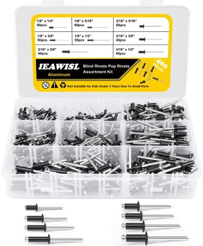 Nitów |   400 sztuk nitów, nity z tworzywa aluminiowego w 8 rozmiarach, zestaw nitów ślepych (1/8″ 3/16″), czarne nity asortyment nitów ślepych do samolotów, statków, torów i DIY.