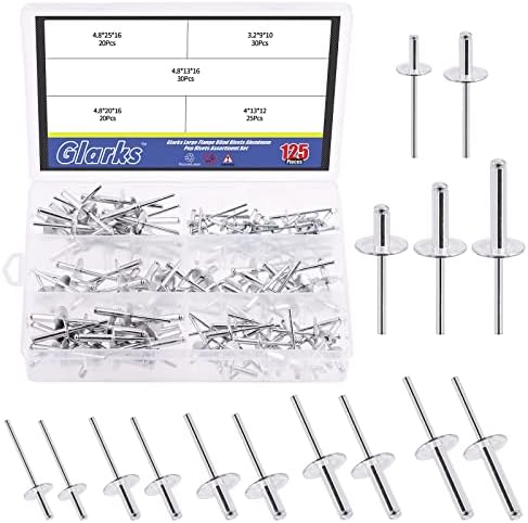 Nitów |   Glarks 125 sztuk 5 rozmiarów duże nity aluminiowe z szeroką główką – zestaw nitów do łączenia blach, rur i zastosowań motoryzacyjnych.