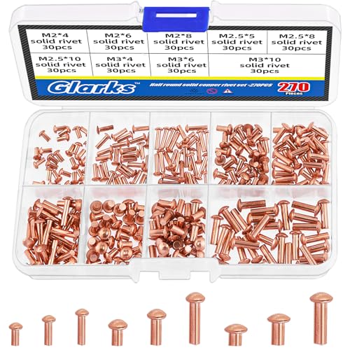 Nitów |   Glarks 27 sztuk nitów okrągłych M2 M2.5 M3, 9 rozmiarów metalowych mosiężnych nitów stałych do zastosowań elektrycznych, materiały do pracy z skórą