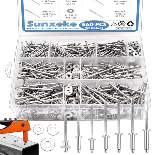 Nitów |   Zestaw 560 sztuk nitów i podkładek ze stali nierdzewnej 304, 7 rozmiarów 1/8″, 5/32″, 3/16″, różnorodne nity ślepe i podkładki, idealne do użytku domowego DIY, łączenia plastiku, drewna, uchwytów.