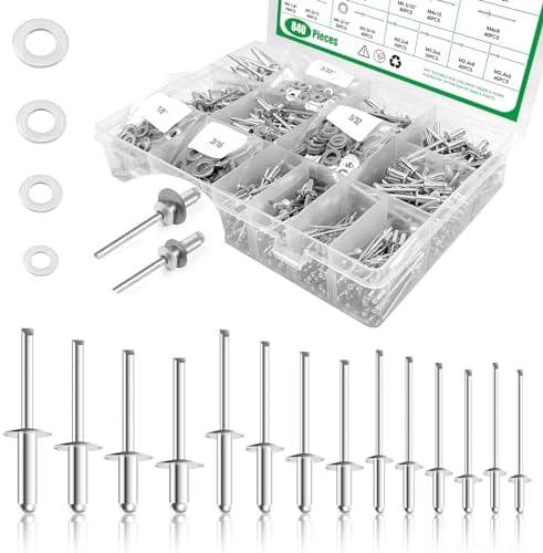 Nitów |   Zestaw 84 sztuk nitów pop w 18 rozmiarach z dodatkowymi podkładkami, nity aluminiowe o średnicach 3/32″, 1/8″, 5/32″, 3/16″ do zastosowania w RV, przyczepach, meblach i urządzeniach elektrycznych.