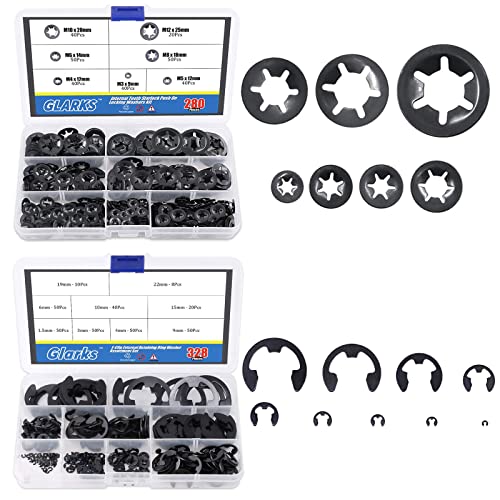 Pierścienie zatrzaskowe |   Glarks 28 sztuk wewnętrznych klipsów szybkiego montażu + 328 sztuk zewnętrznych pierścieni zabezpieczających E-Clip w 9 rozmiarach – zestaw z podkładkami ze stali stopowej czarnej