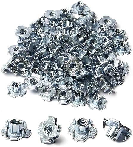 T-nuty |   1/4″-20 T-nut (100 sztuk), ocynkowany stal węglowa T-nut, długość cylindra 5/16″, 4-zębne śruby ślepe, wkładki gwintowane do drewna, uchwyty do wspinaczki, meblarstwo, meble